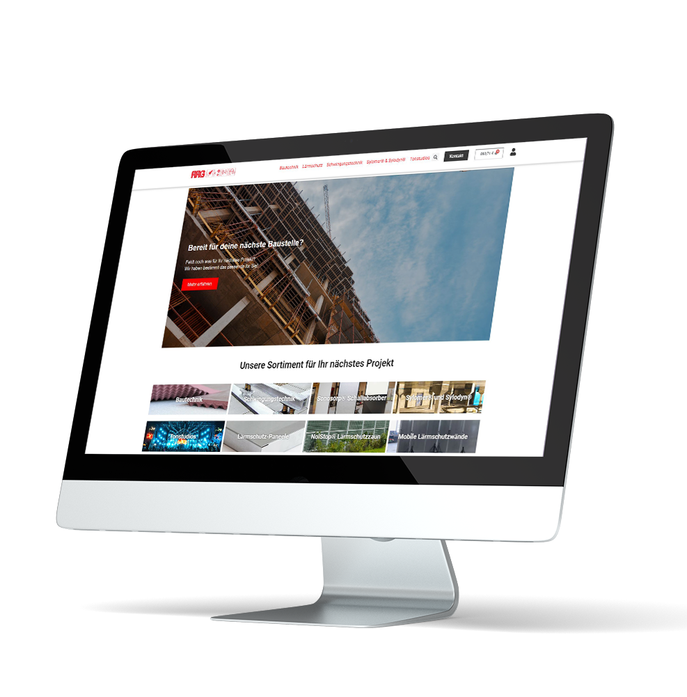 PC-Bildschirm mit geöffneter RRG Bautechnik-Webseite – Online-Shop für technische Schallschutzlösungen